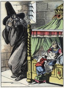 Ilustración del cuento "El terrible Raminagrobis y los ratones". Personaje de las fábulas de Jean de la Fontaine. En "Cuentos del hogar para los pequeños". Grabado anónimo del siglo XIX