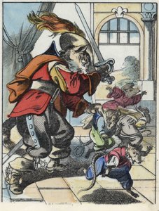 Ilustración del cuento “El terrible Raminagrobis y los ratones” personaje de fábulas de Jean de la Fontaine. En “Cuentos del hogar para los pequeños”. Grabado anónimo del siglo XIX