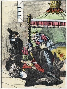 Ilustración del cuento “El terrible Raminagrobis y los ratones” personaje de fábulas de Jean de la Fontaine. En “Cuentos del hogar para los pequeños”. Grabado anónimo del siglo XIX