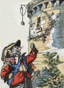 Ilustración del cuento “El terrible Raminagrobis y los ratones” personaje de fábulas de Jean de la Fontaine. En “Cuentos del hogar para los pequeños”. Grabado anónimo del siglo XIX