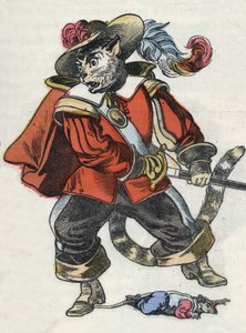 Ilustración del cuento “El terrible Raminagrobis y los ratones” personaje de fábulas de Jean de la Fontaine. En “Cuentos del hogar para los pequeños”. Grabado anónimo del siglo XIX