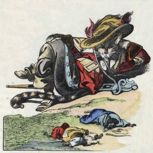 Ilustración del cuento "El terrible Raminagrobis y los ratones". En "Cuentos del hogar para los pequeños". Grabado anónimo del siglo XIX.