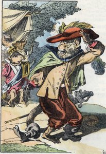 Ilustración del cuento "El terrible Raminagrobis y los ratones". En "Cuentos del hogar para los pequeños". Grabado anónimo del siglo XIX.