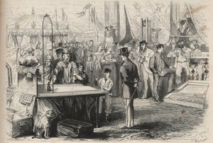 Príncipe imperial Eugenio Luis José (1856-1879) en la fiesta de Fontainebleau. Intenta derribar una marioneta con la ayuda de una bola colgante. Grabado en “L