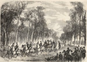 Caza imperial en Compiègne en presencia de Napoleón III (1808-1873) y la emperatriz Eugenia (1826-1920). Grabado en "Le Monde Ilustre" de 1857. Colección privada.
