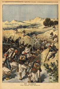 En Argelia, un batallón organizado por un batallón completo de zuavos, reforzado por la caballería, para capturar a Areski ben Bashir, tres veces condenado a muerte por el tribunal de Argel. Grabado en “Le petit journal” 23/12/1893. Colección de Selva. de Unknown artist