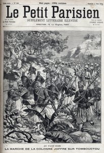En las colonias francesas: la marcha de la columna del General Joseph Joffre (1852-1931) y su ejército de spahis hacia Tombuctú (Mali). Grabado en “Le Parisien” de Unknown artist