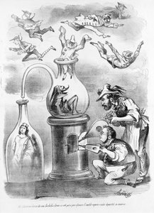 En el laboratorio de alquimia de los asociados Garibaldi y Cavour vemos disiparse gradualmente el vapor innecesario (representado por las máscaras de las regiones italianas), y permaneciendo la sustancia (Italia) caricatura del periódico satírico Il Fischi