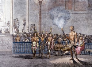 Cultura y civilización india: danza en honor a Krishna (Krisna o Krsna) deidad del Brahman en India. Grabado 1808. de Unknown artist