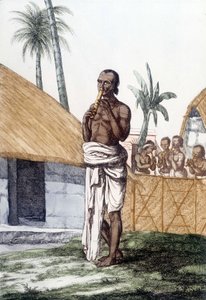 Cultura y civilización india: músico tocando la flauta bansuri, instrumento musical tradicional, India. Grabado 1808.