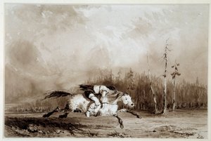 Un caballo galopando llevando a un hombre atado de Unknown artist