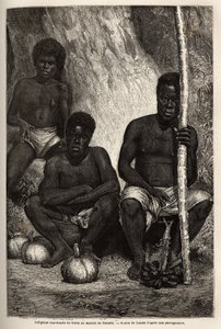 Comerciante de frutas indígenas, en el mercado de Noumea (Nueva Caledonia). Grabado para ilustrar el viaje a Nueva Caledonia de 1863 a 1866, por Jules Garnier, ingeniero civil de minas, en 