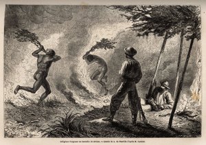 Indígenas kanaks encendieron un fuego en la sabana, que ellos mismos encendieron para cazar mosquitos, ante los ojos del narrador y su compañero de viaje. Grabado para ilustrar el viaje a Nueva Caledonia de 1863 a 1866, por Jules Garnier, ingeniero civil d de Unknown artist