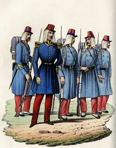 Infantería del ejército francés de África; oficial, suboficial y soldados en Argelia en 1830. En “Storia d