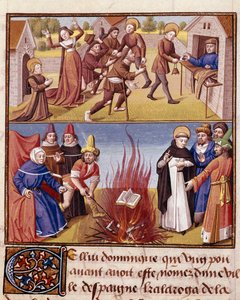 Inquisición: Autodafé presidido por Santo Domingo de Guzmán (1170-1221), fundador de la Orden Dominicana, prueba del fuego del libro herético y el libro ortodoxo. Miniatura en 
