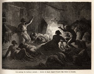 Dentro de una posada de caribú (Canadá), a medianoche, tramperos y mineros ebrios cantan, luego caen al suelo o se duermen en una manta. Grabado para ilustrar el viaje del Atlántico al Pacífico (ruta del noroeste por tierra), en 1862-1864 por