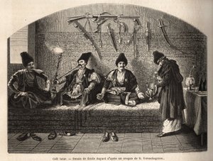 Dentro de un café tártaro en Schoucha (Transcaucasia, Rusia), donde los hombres se reúnen para beber té y fumar shisha. Grabado para ilustrar el viaje en las provincias del Cáucaso, por Basile Vereschaguine, en 1864-1865, publicado en "le tour du monde", b de Unknown artist