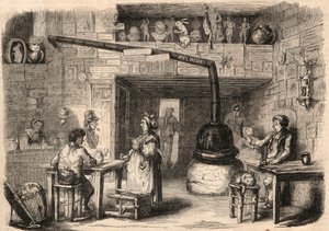 Interior del cabaret Le Lapin Blanc, rue aux fèves en París antes de su demolición. Una taberna que data de la primera época de la monarquía. Grabado en "Le Monde Ilustre" de 1862. Colección privada. de Unknown artist