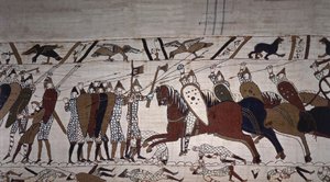 Intendente Wadard (a caballo) y los hombres de la tropa de Guillermo - Tapiz de Bayeux, conocido como Bordado de la Reina Matilde de Unknown artist