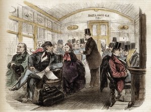 Interior de un vagón en el ferrocarril de Baltimore y Ohio, EE.UU. - 1861 - interior de un vagón americano en 1860 de Unknown artist