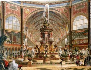 Interior del Palacio de Cristal durante la Exposición Internacional de 1862. Fuente de mayólica de Minton. Cromolitografía. de Unknown artist