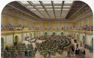 Vista interior de la Cámara de Representantes del Capitolio de EE.UU. mostrando el Congreso en sesión y los espectadores en la galería - Grabado de 1866 de Unknown artist