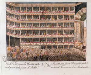 Vista interior del Teatro Nacional cerca de la Puerta Italiana en Viena, Austria. Grabado de 1815. Colección privada de Unknown artist
