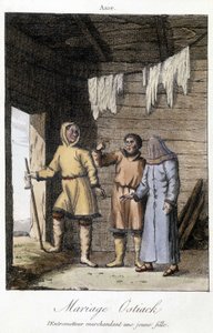 Intermediario regateando una joven para una boda Ostiak (Khanty o Khante) (tribu de cazadores paleosiberianos establecida en el área forestal del valle medio del Ob)