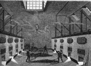 Vista interna de una fábrica de gas. Grabado de 1860-1861
