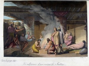 Vista interna de una casa en Nutka, Rusia. En “El traje antiguo y moderno” 1819-1820, por Ferrario.