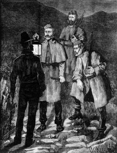 Patrulla de policía irlandesa controlando a un sospechoso (1881). de Unknown artist