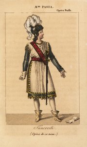 La soprano italiana Giuditta Pasta en el papel principal de Tancredi en la ópera del mismo nombre de Gioachino Rossini, interpretada en la Opera Buffa, París