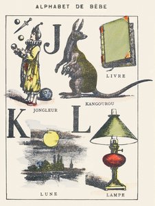 J K L: malabarista, canguro, libro, luna, lámpara