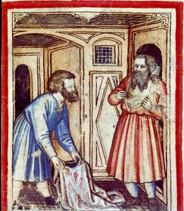 Jacob se entera de la muerte de su hijo José, vendido por sus hermanos a los egipcios. Miniatura del códice 212 (o padovano o Biblia de Padua) 1390-1400 Rovigo, Accademia dei Concordi de Unknown artist