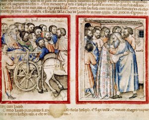 La partida de Jacob a Egipto y su reencuentro con su hijo José. Miniatura del códice 212 (o códice padovano o Biblia de Padua) 1390-1400. Rovigo, Accademia dei Concordi
