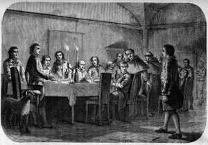 James Boswell (1740-1795) escritor y abogado escocés, hijo de Lord Alexander Boswell recibido durante una reunión en una comida dada por Pascal (Pasquale) Paoli. En "Pasquale Paoli ossia la rotta di Pontenuovo" por F.D. Guerrazzi. 1872.