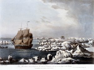Viajes de James Cook: el barco Resolution en primer plano y el Discovery atrapado en el hielo en el fondo - en "El último viaje del Capitán Cook", vol. III de Unknown artist