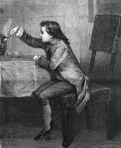James Watt (1736-1819) niño descubriendo las leyes del vapor. Grabado de 1868 según la pintura de Marcus Stone.