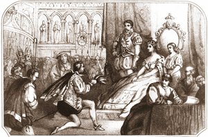 Jean Nicot presentando la planta de tabaco a Catalina de Médicis y al Gran Prior de la Casa de Lorena. Litografía del siglo XVI alrededor de 1868 de Unknown artist