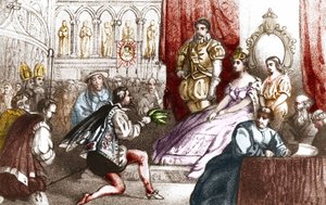 Jean Nicot presentando la planta de tabaco a Catalina de Médicis y al Gran Prior de la Casa de Lorena. Siglo XVI. Grabado del siglo XIX de Unknown artist