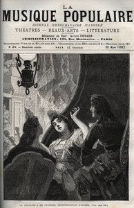 Jean de La Fontaine en la primera representación de la ópera "Astree" de Pascal Collasse (1649-1709) - grabado en "La musique populaire" periódico semanal ilustrado - 1882