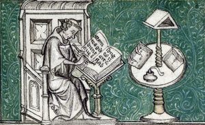 Jean de Meun componiendo el Romance de la Rosa, hacia 1380 (miniatura) de Unknown artist