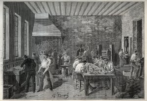 Joyería: fábrica de joyas de acero. Grabado de 1885 en “Les arts et métiers illustrés” de Adolphe Bitard. de Unknown artist