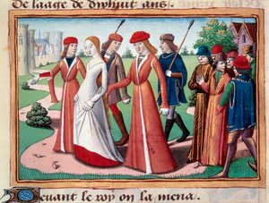 Juana de Arco (1412-1431) llevada cerca de Carlos VII por la Corte del Delfín en Chinon. Miniatura del manuscrito de “Vigilles du roi Charles VII” por Martial d