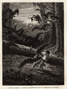 Job (compañero de viaje del redactor), atacado por buitres. Grabado para ilustrar la historia Cuatro meses en Florida, por M. Pousselgue, en 1851-1852, publicado en "le tour du monde", bajo la dirección de Edouard Charton, Hachette, París 1869. Selva de Unknown artist