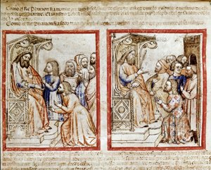 José y sus hermanos se dirigen al Faraón, los hermanos se van después de vender a José como esclavo (miniatura del códice 212 o Biblia de Padua)