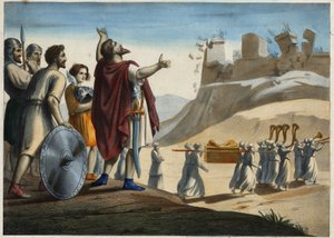Josué ante la ciudad de Jericó (la primera ciudad tomada por Josué y los judíos durante la conquista de la Tierra Prometida). Las murallas se derrumban al sonido de las trompetas. Grabado anónimo del siglo XIX de Unknown artist