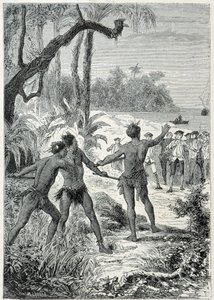 Viaje del Capitán James Cook (1728-1779) a Nueva Guinea: el primer encuentro con los nativos, ilustración tomada de “Los Grandes Marineros del siglo XVIII”