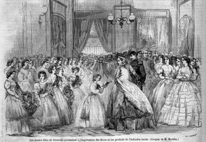 Viaje del Emperador Napoleón III (1808-1873) y su esposa Eugenia de Montijo (1826-1920) al Duque de Saboya tras la anexión del Condado de Saboya (Tratado de Turín de marzo): aquí la pareja imperial visitando Grenoble se encuentra con jóvenes que vinieron a