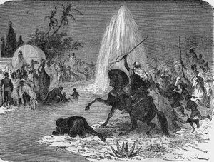 Alegría de los árabes al ver el flujo de agua del pozo artesiano de Sidi-Rached, forjado por los franceses, en el desierto del Sahara. En “Álbum de la Ciencia”, Ediciones Jouvet de Unknown artist